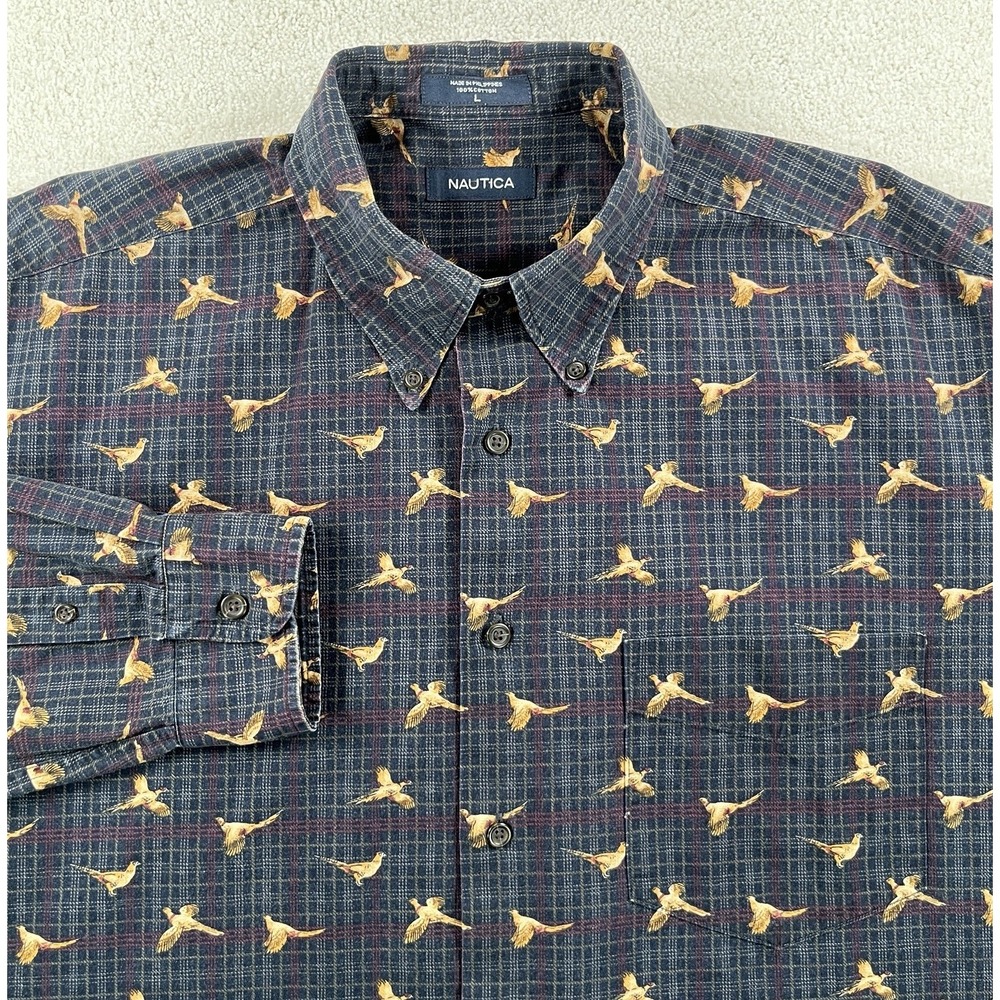 Vtg Nautica Shirt Men's Large Navy Plaid All Over Pheasant Print Button Down 90s